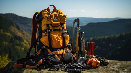 Backpack, Hiking Equipment, and Other Items on a Rock