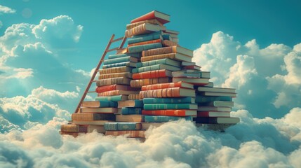 Abstract book stack with ladder on sky with clouds background - obrazy, fototapety, plakaty