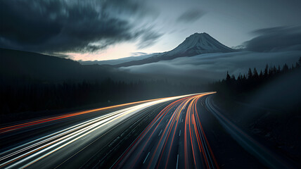 highway at night mountain light trails
