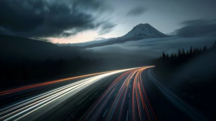 Papier Peint photo Autoroute dans la nuit highway at night mountain light trails