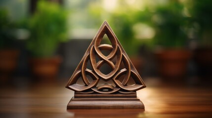 Wooden Sculpture of a Tree With Geometric Design