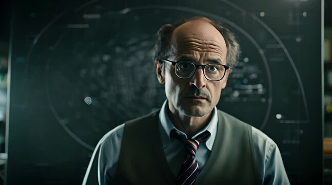 meticulous mathematician fills the frame, their eyes sharp with the precision of mathematical thought