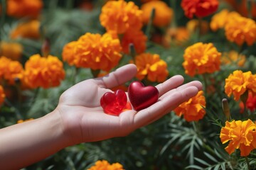 hand outstretched with heartshaped candy amidst vibrant marigolds