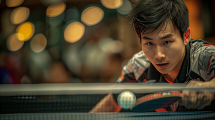 A table tennis player swings a racket and concentrates on a well-lit tennis table, Ai Generated Images