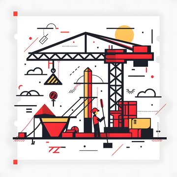 Illustration of construction site with crane and worker. Industrial background. A worker amidst a vibrant, geometric construction site under the golden sun.