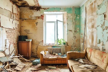 Interior of an old abandoned house, broken walls, ceiling of an apartment with sofas and other things during renovation work. Repair and reconstruction of premises.