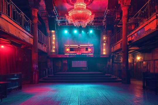 Old theater with wooden floor stage in night club with lights and chandelier.
