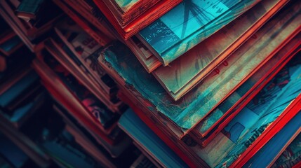 Old comic books stacked in a pile creates a colorful abstract background texture with red and blue duotone effect