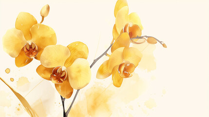 yellow orchid, tropical flowers, isolated white background, watercolor illustration, botanical card