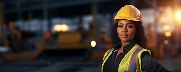 Fototapeta na wymiar Young African female construction engineer at work with safety helmet and vest background banner
