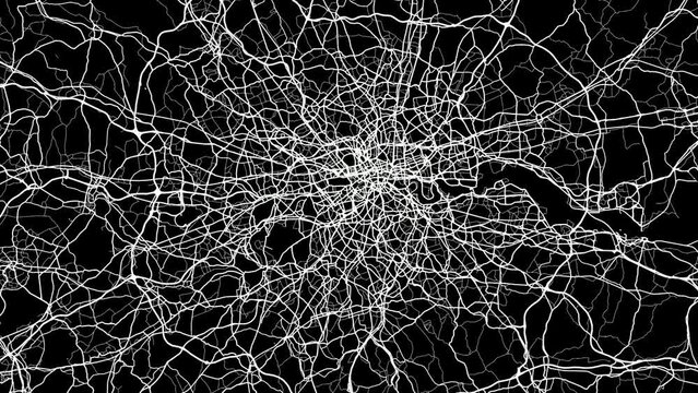 Zoom Out Road Map of London United Kingdom with white roads on a black background
