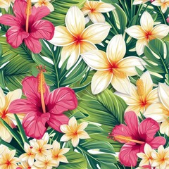 Fototapeta na wymiar Lush Tropical Floral Pattern with Hibiscus and Plumeria on Bright Green