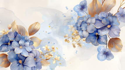 horizontal border with blue hydrangea flowers on white background.