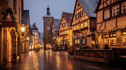 Fototapeta na wymiar Morning view of untere Schmiedgasse street at the old town of Rothenburg ob der Tauber.