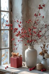 A gift box and a vase with red flowers on the windowsill. Celebrating Valentine's Day