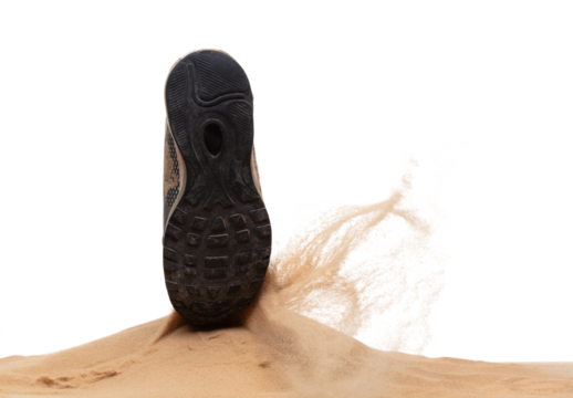 Unemployed Tired or stressed businessman kicking sand ground on walkway after work stressed. Back shoe foot step hit sand dust splashing over white background isolated - Powered by Adobe