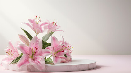 Podium with pink lily, scene with flowers on pink background
