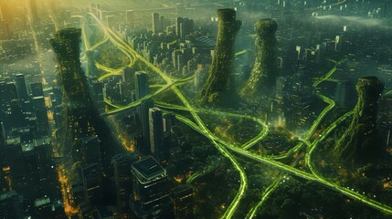 Emerald Veins of Nature Intertwining with Urban Sprawl in Futuristic City.