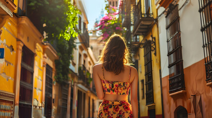 Beautiful tourist young woman walking in Seville city street on summer, Spain, tourism travel holiday vacations concept in Europe