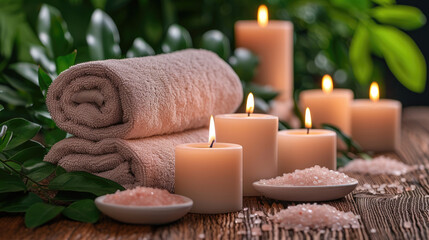 Fototapeta na wymiar Indulge in Tranquility: Brown Towels Infused with Bamboo, Paired with Flickering Candles, Spa Stones, and Salt, Creating the Perfect Ambiance for Relaxing Spa Massage and Body Treatments