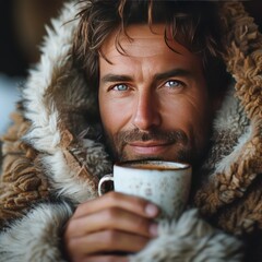 One man drinking hot drink at home covered with woolen cover. Concept of cold temperature at home and flu syptoms.