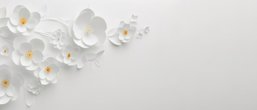 banner with a bouquet of white paper flowers on a white surface, a place to copy