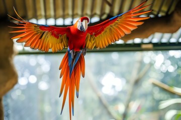 parrot in midflight inside a zoo aviary with outspread wings - obrazy, fototapety, plakaty