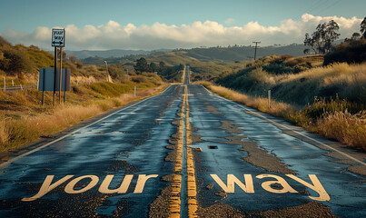 Long road with ‘YOUR WAY’ painted on asphalt under golden light, signpost ahead - obrazy, fototapety, plakaty