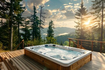Luxurious alpine getaway boasts a summit jacuzzi offering stunning forest vistas. Concept Luxury Alpine Retreat, Summit Jacuzzi, Forest Views, Alpine Getaway, Luxurious Stay - obrazy, fototapety, plakaty