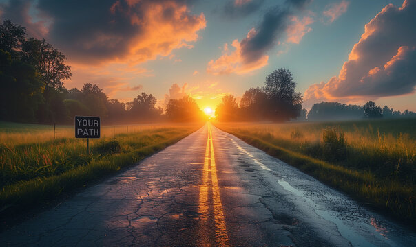 Sunlight bathes a road with &lsquo;YOUR PATH&rsquo; sign at dawn, evoking choice and destiny