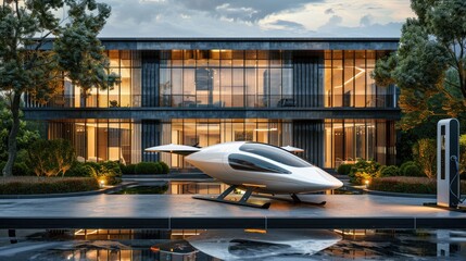 Electric flying car with charging station parked outside luxury home - AI Generated Digital Art - obrazy, fototapety, plakaty