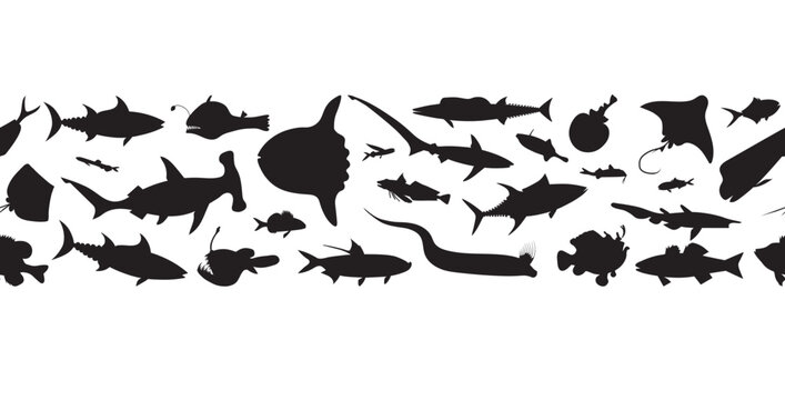 Sea fish. Vector black silhouettes seamless border.