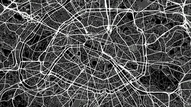 Zoom Out Road Map of Paris France with white roads on a black background