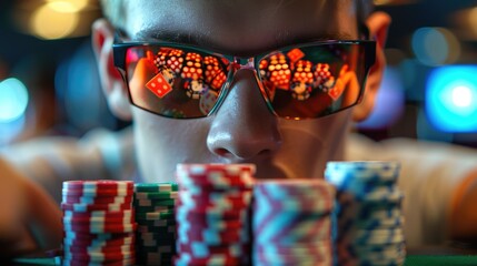 Closeup of poker player with reflective sunglasses - AI Generated Digital Art