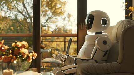 A modern domestic robot with a humanoid design sitting on a sofa in a cozy home environment with autumn foliage visible outside.