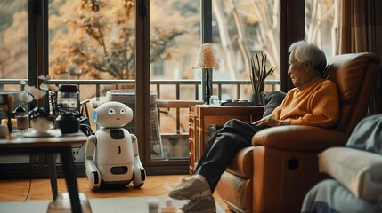 An elderly individual relaxes in a recliner with a friendly companion robot in a warm, well-lit home interior.