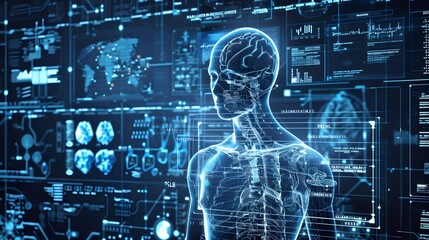 A detailed holographic display shows human anatomy with a focus on the brain, symbolizing high-tech medical analysis and diagnostics. - obrazy, fototapety, plakaty