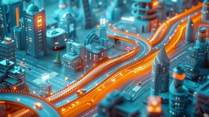 an isometric landscape where fiber optic cables form a futuristic highway, weaving through buildings and connecting devices, symbolizing the speed and efficiency of data transmission.