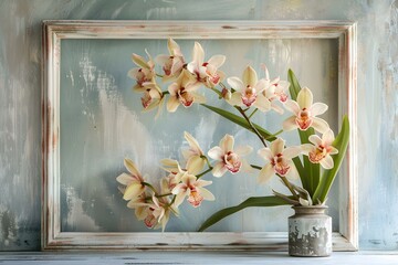 A delicate cymbidium orchid sits in a frame amidst a springtime background. Concept Floral Still Life, Orchid in Frame, Springtime Beauty, Delicate Elegance, Serene Composition - obrazy, fototapety, plakaty