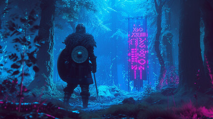 Unleash the power of mysticism with a neon sfumato portrayal of a Viking warrior in the heart of a vibrant forest - obrazy, fototapety, plakaty