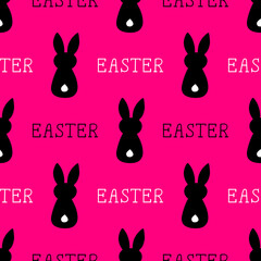 Bright seamless illustration with black rabbits on a pink background.