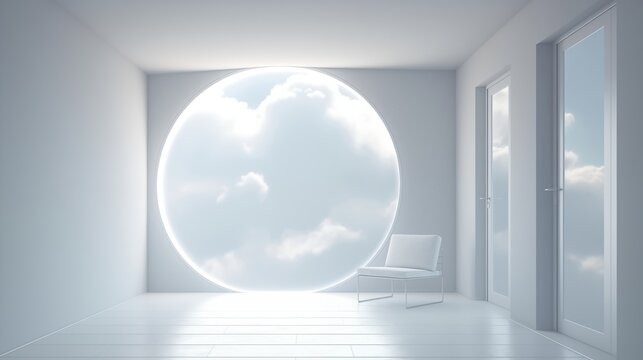 Generative AI Minimal style Modern white interior living room with blank white wall open round window  and chair with white cloud outside. Futuristic weightless architectural oriental minimalism style