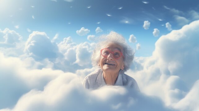 adult woman on the clouds. the old man died and went to heaven and smiles. gray-haired grandmother looks at the sky