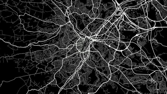 Zoom Out Road Map of Sheffield United Kingdom with white roads on a black background
