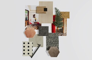 mid_century ,Interior inspiration, Moodboard, top view, Material samples