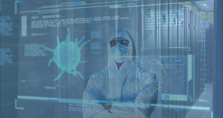 Animation of covid 19 virus cell and data processing over man in ppe suit and computer servers - Powered by Adobe