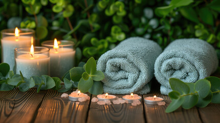 Obraz na płótnie Canvas Indulge in Tranquility: Brown Towels Infused with Bamboo, Paired with Flickering Candles, Spa Stones, and Salt, Creating the Perfect Ambiance for Relaxing Spa Massage and Body Treatments