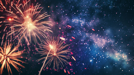 Fototapeta premium Vibrant fireworks lighting up the night sky against a blurred Milky Way background