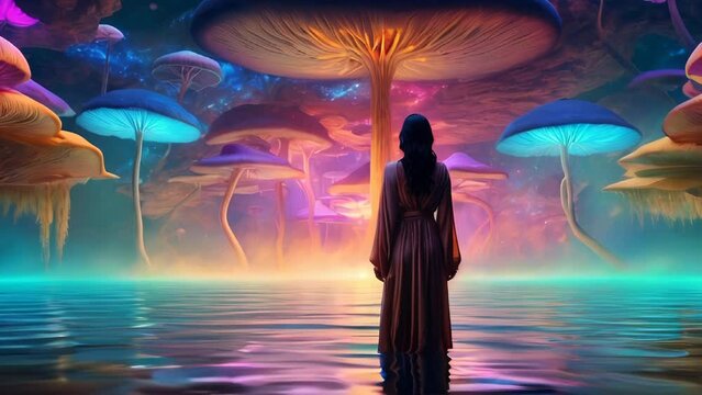 Mushroom fantasy landscape woman standing in gentle waves