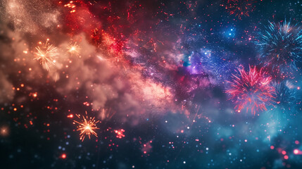 Vibrant fireworks lighting up the night sky against a blurred Milky Way background